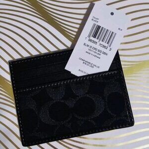 Coach Black Leather Signature C Denim SLIM ID Card Case Wallet CAJ47 NEW $78